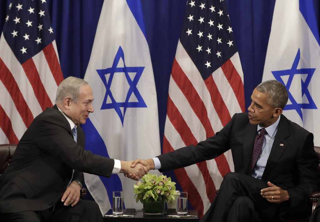 President Obama shakes hands with Prime Minister Netanyahu during a bilateral meeting at the Lotte New York Palace Hotel Wednesday Sept. 21