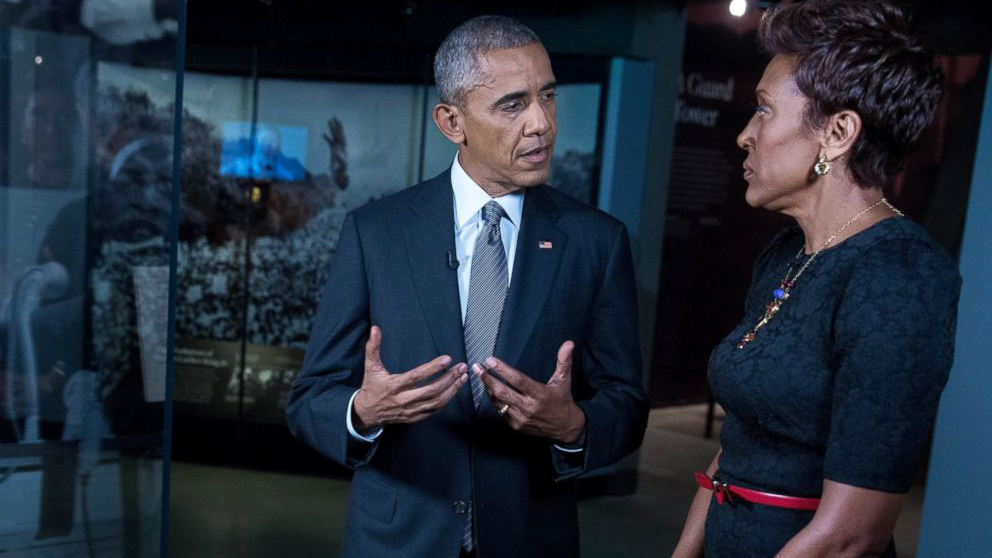 President Barack Obama talks with'GMA co-anchor Robin Roberts at the Smithsonian National Museum of African American History and Culture