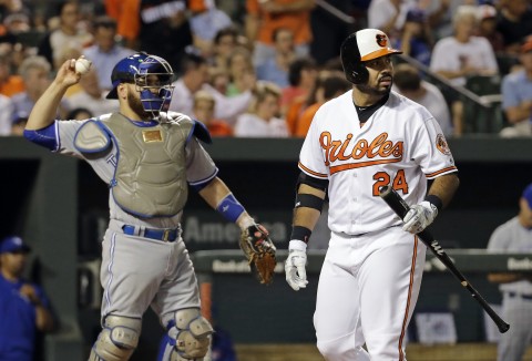 Orioles DH Pedro Alvarez heads back to the dugout after striking out in the fourth inning