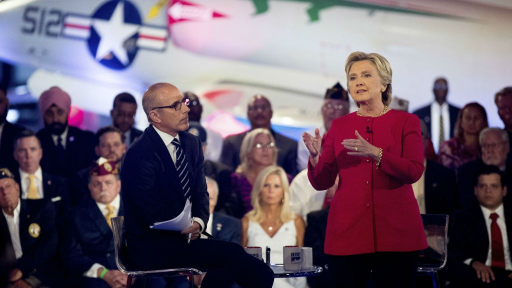 Democratic presidential candidate Hillary Clinton with 'Today&#039 show co-anchor Matt Lauer left speaks at the NBC Commander-In-Chief Forum held at the Intrepid Sea Air and Space Museum aboard the decommissioned aircraft carrier Intrepid New Y