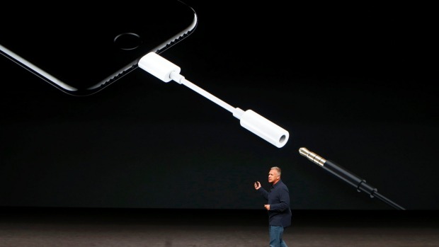 Phil Schiller of Apple discusses the audio features of the iPhone7 during a media event in San Francisco