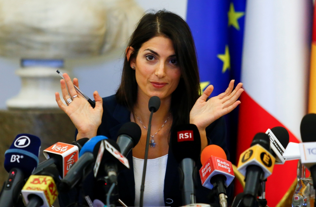 Rome's new mayor Virginia Raggi talks during a news conference in Rome Italy