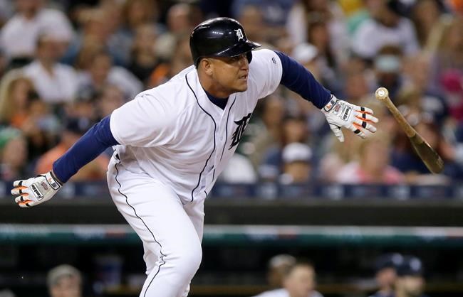 Detroit Tigers&#39 Miguel Cabrera watches his RBI single against the Minnesota Twins during the fourth inning of a baseball game Wednesday Sept. 14 2016 in Detroit