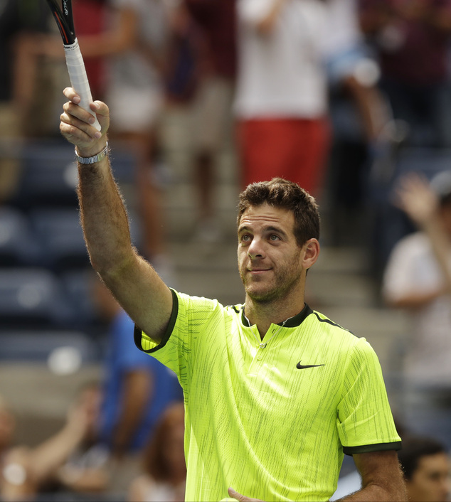 Juan Martin del Potro of Argentina acknowledges fans after winning a fourth round match against Dominic Thiem of Austria at the U.S. Open tennis tourname