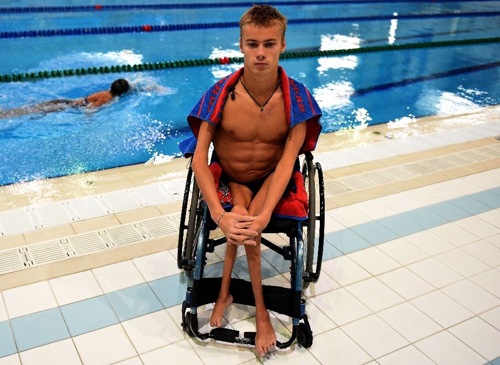 Paralympic swimmer Alexander Makarov member of Russia's Paralympic national team poses after a training session in the town of Ruza 100 km west of Moscow on Aug 18 2016