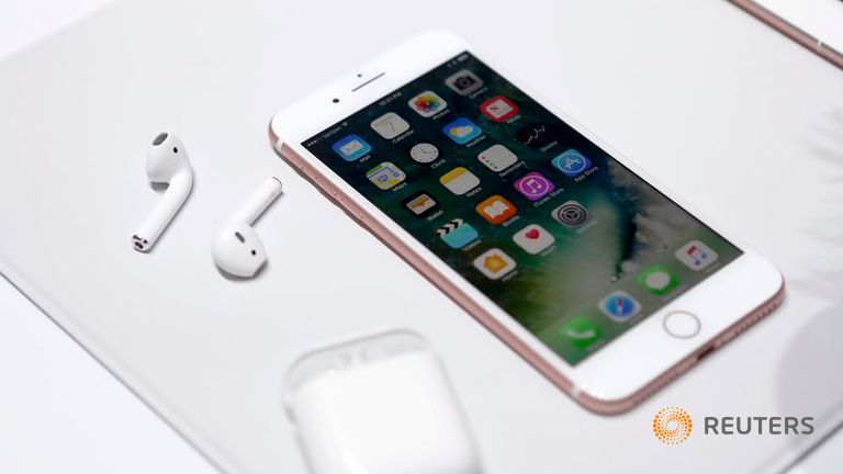 The Apple iPhone7 and Air Pods are displayed during an Apple media event in San Francisco California USA