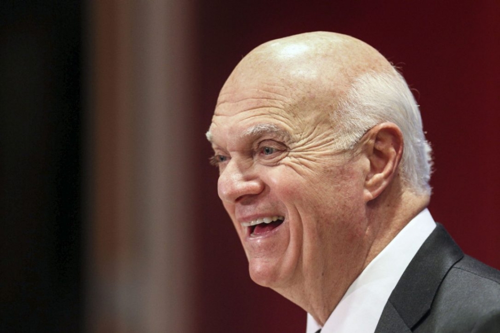 Toronto Maple Leafs GM Lou Lamoriello laughs during a news conference at the Master Card Centre at the first day of training camp