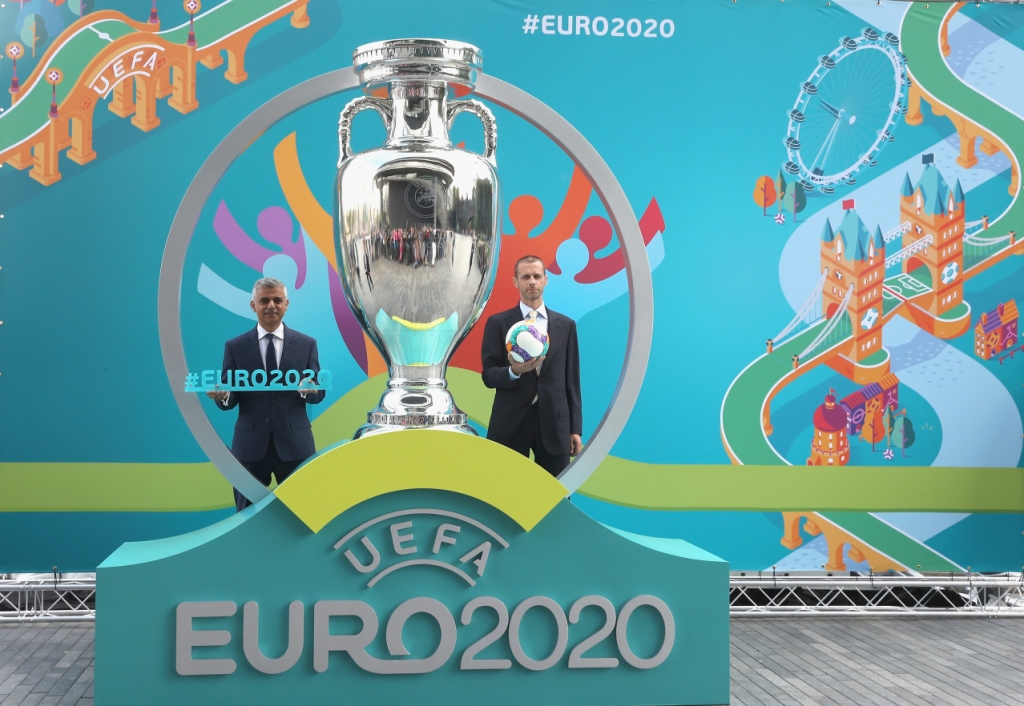 LONDON ENGLAND- SEPTEMBER 21 UEFA President, Aleksander Ceferin and the Mayor of London Sadiq Khan pose for the camera's during the UEFA EURO 2020 Launch Event at City Hall