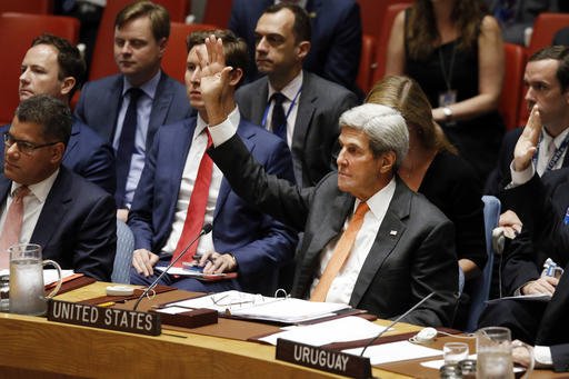 United States Secretary of State John Kerry votes to adopt a resolution regarding the Comprehensive Nuclear Test Ban Treaty during a meeting of the United Nations Security Council at U.N. headquarters Friday Sept. 23 2016