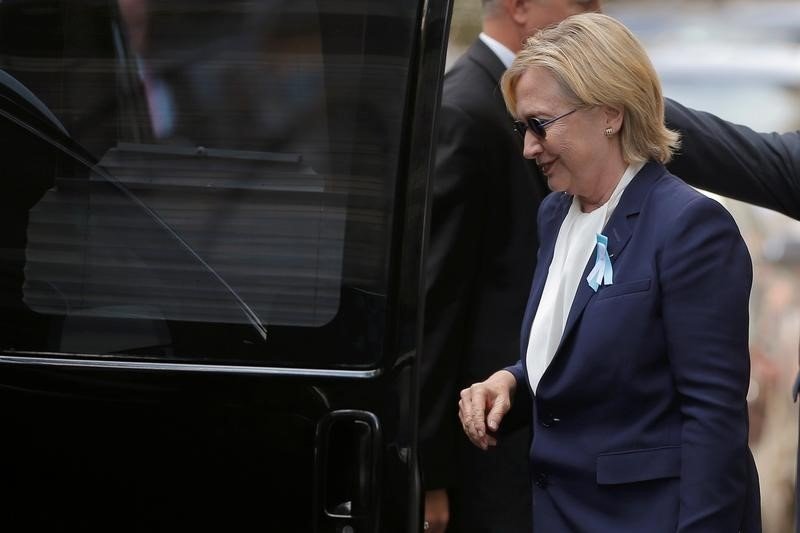 U.S. Democratic presidential candidate Hillary Clinton climbs into her van outside her daughter Chelsea's home in New York New York United States