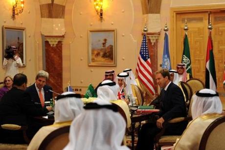 US Secretary of State John Kerry meets with Saudi Foreign Minister Adel Al-Jubair Britain's Foreign Office junior minister Tobias Ellwood Emirati Foreign Minister and United Nations special envoy to Yemen Ismail Ould Cheikh in the