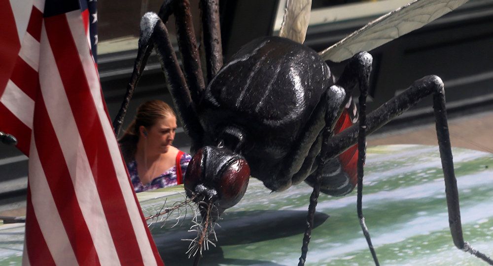 A woman walks past a giant fake mosquito placed on top of a bus shelter as part of an awareness campaign about the Zika virus in Chicago Illinois United States