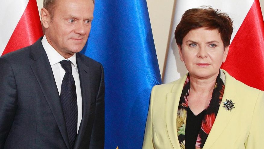 Poland's Prime Minister Beata Szydlo greets European Council President Donald Tusk prior to talks on EU future after Britain leaves in Warsaw Poland Tuesday Sept. 13 2016. Ahead of EU summit on Friday Szydlo says EU needs deep bold reforms. Re