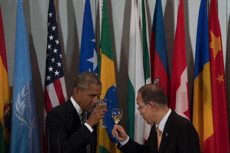 US President Barack Obama toasts UN Secretary General Ban Ki Moon during a luncheon