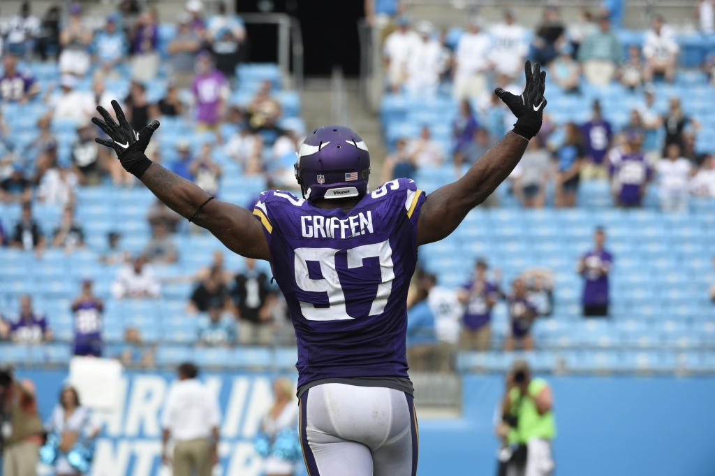 Sep 25 2016 Charlotte NC USA Minnesota Vikings defensive end Everson Griffen reacts after making a sack in the fourth quarter. The Vikings defeated the Panthers 22-10 at Bank of America Stadium. Mandatory Credit Bob Donnan-USA TODAY Sports