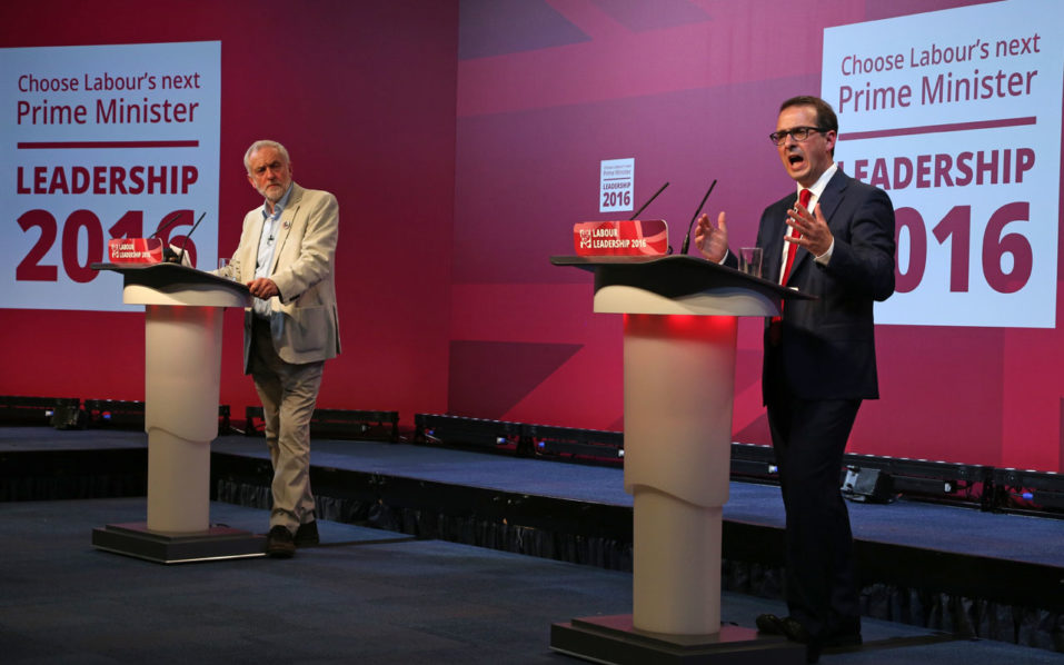 4 2016 shows Britain's opposition Labour Party Leader Jeremy Corbyn and leadership candidate Owen Smith sharing the stage during the first Labour Party leadership debate held in Cardiff south Wales. Votin