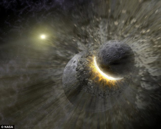 Roughly 4.5 billion years ago a massive Mars-sized object slammed into Earth vaporizing the early planet and spurring the creation of the moon according to a new study. An artist's impression of the collision