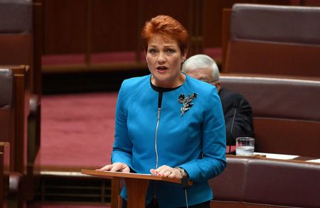 Australia's One Nation party leader Senator Pauline Hanson makes her maiden speech in the Senate at Parliament House in Canberra