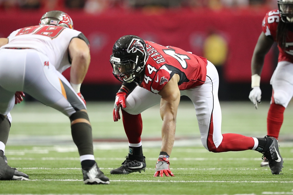 ATLANTA Falcons Vic Beasley Jr. who did not have a stat on the sheet from the game lines up to rush in the second half against the Buccaneers in an NFL football game on Sunday Sept. 11 2016 in Atlanta. Curtis Compton /ccompton@a