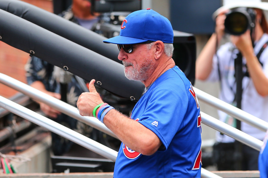 03 JUL 2016 Chicago Cubs manager Joe Maddon in the dugout prior to the game between the New York Mets and the Chicago Cubs played at Citi Field in Flushing,NY