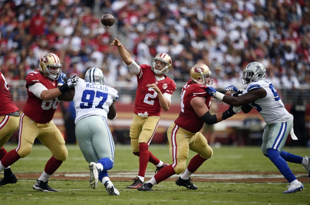 Oct 2 2016 Santa Clara CA USA San Francisco 49ers quarterback Blaine Gabbert throws a pass against the Dallas Cowboys during the first quarter at Levi's Stadium. Mandatory Credit Kelvin Kuo-USA TODAY Sports