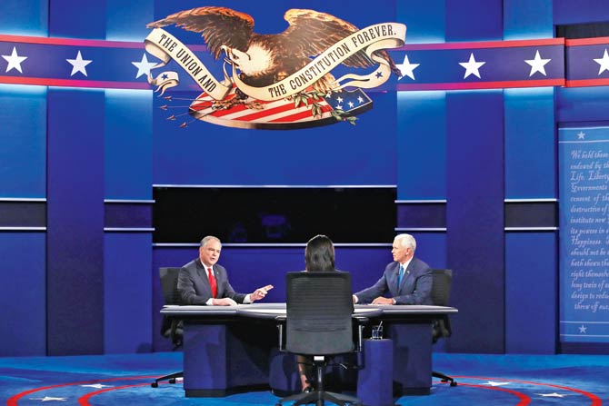 Democratic VP nominee Tim Kaine and Donald Trump’s running mate Mike Pence debate at Longwood University in Farmville Virginia on Wednesday. pic  afp