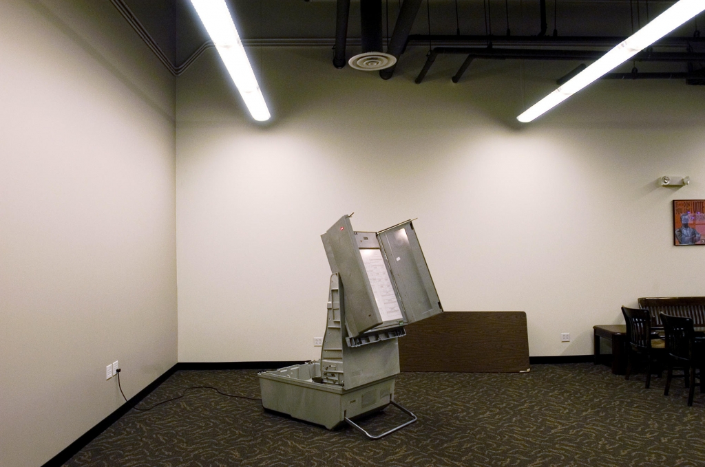 The Danaher ELECTronic 1242 voting machine on display in 2004 at the Franklin County Board of Elections office in Columbus Ohio. The machines have been in use in the state since 1992