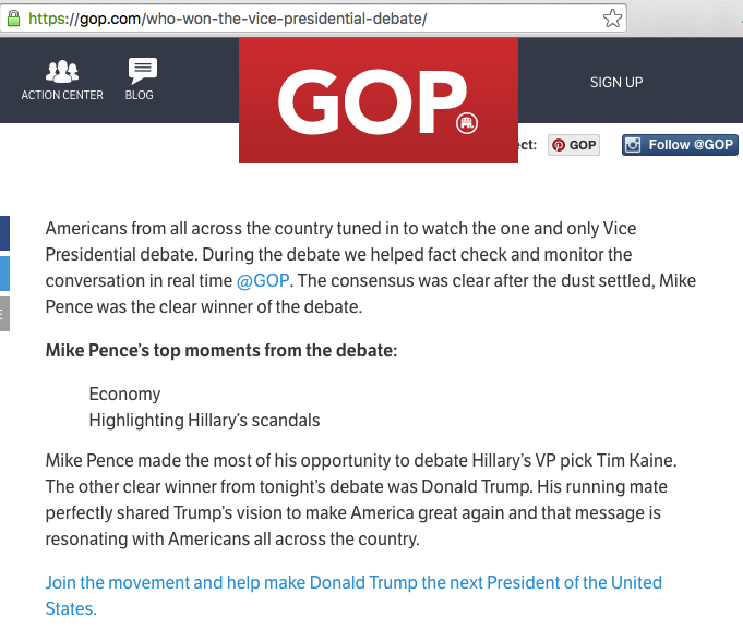 The RNC accidentally put up its “Mike Pence won the debate” post early