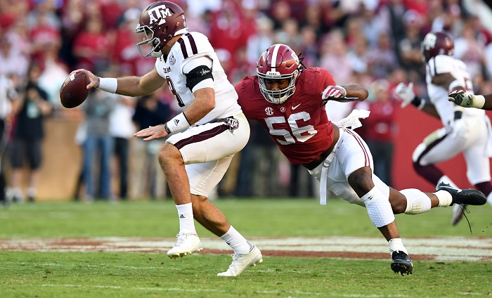 Oct 22 2016 Tuscaloosa AL USA Alabama Crimson Tide linebacker Tim Williams sacks Texas A&M Aggies quarterback Trevor Knight during the third quarter at Bryant Denny Stadium. Mandatory Credit John David Mercer-USA TODAY Sports