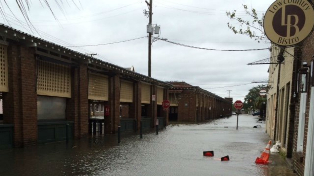 Market Street in downtown Charleston is flooded due to effects from Hurricane Matthew