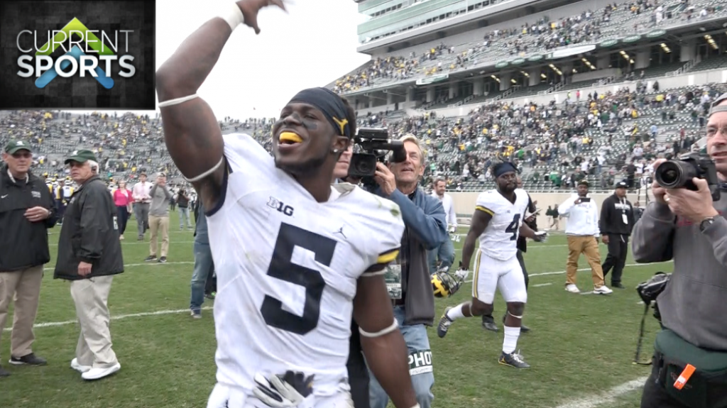 Michigan junior linebacker Jabrill Peppers celebrates after Michigan defeats Michgian State on Saturday afternoon