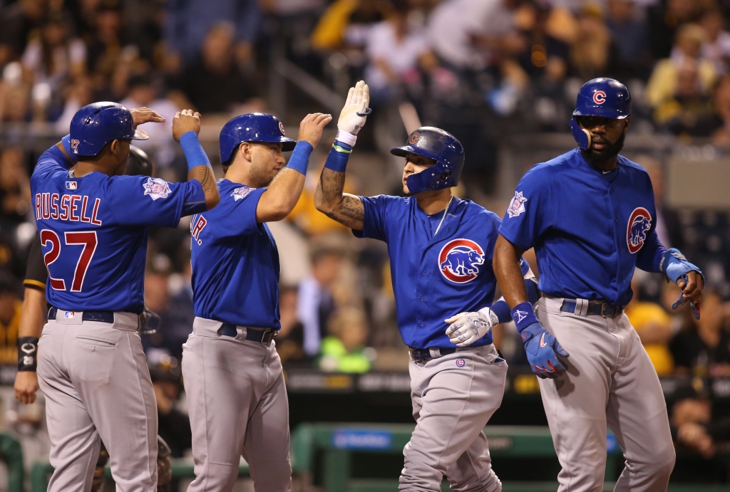 Sep 26 2016 Pittsburgh PA USA Chicago Cubs second baseman Javier Baez celebrates with right fielder Jason Heyward, center fielder Albert Almora Jr., and right fielder Jason Heyward after hitting a grand slam home run against the Pit