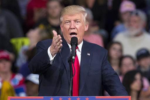 Republican presidential candidate Donald Trump speaks during a campaign rally Monday Oct. 10 2016 in Ambridge Penn