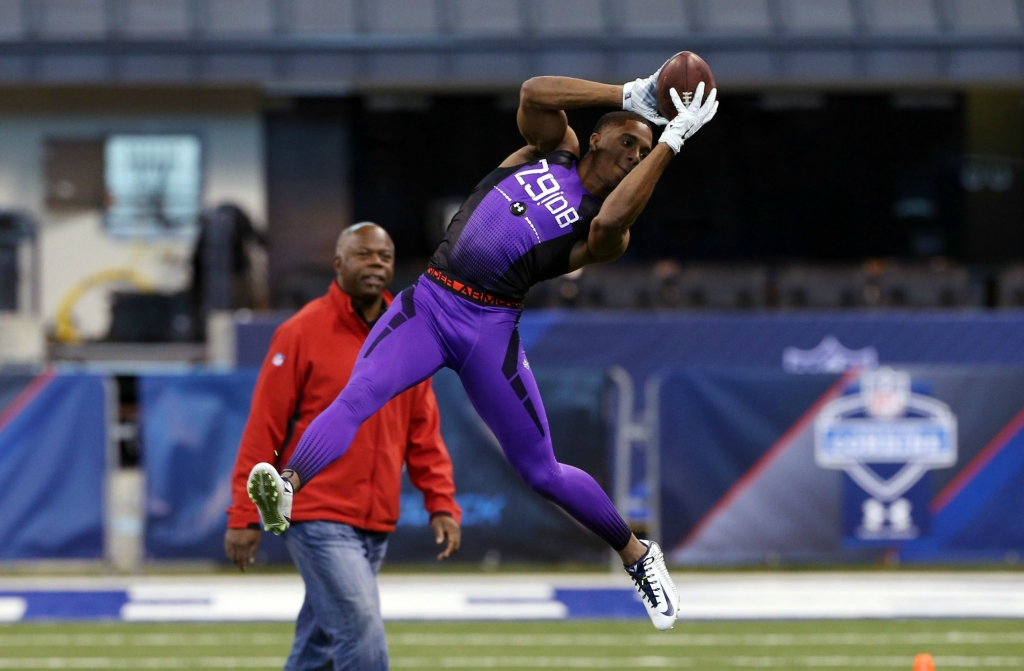 Feb 23 2015 Indianapolis IN USA Connecticut Huskies defensive back Byron Jones catches a pass in a workout drill during the 2015 NFL Combine at Lucas Oil Stadium. Mandatory Credit Brian Spurlock-USA TODAY Sports