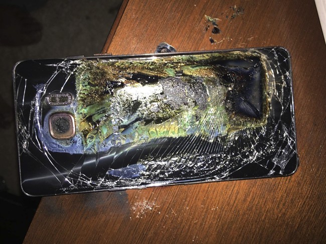 Samsung Galaxy Note 7 on a table in Richmond Va. after it caught fire earlier in the day. Samsung Electronics said Tuesday Oct. 11 that it is discontinuing production of Galaxy Note 7 smartphones perman