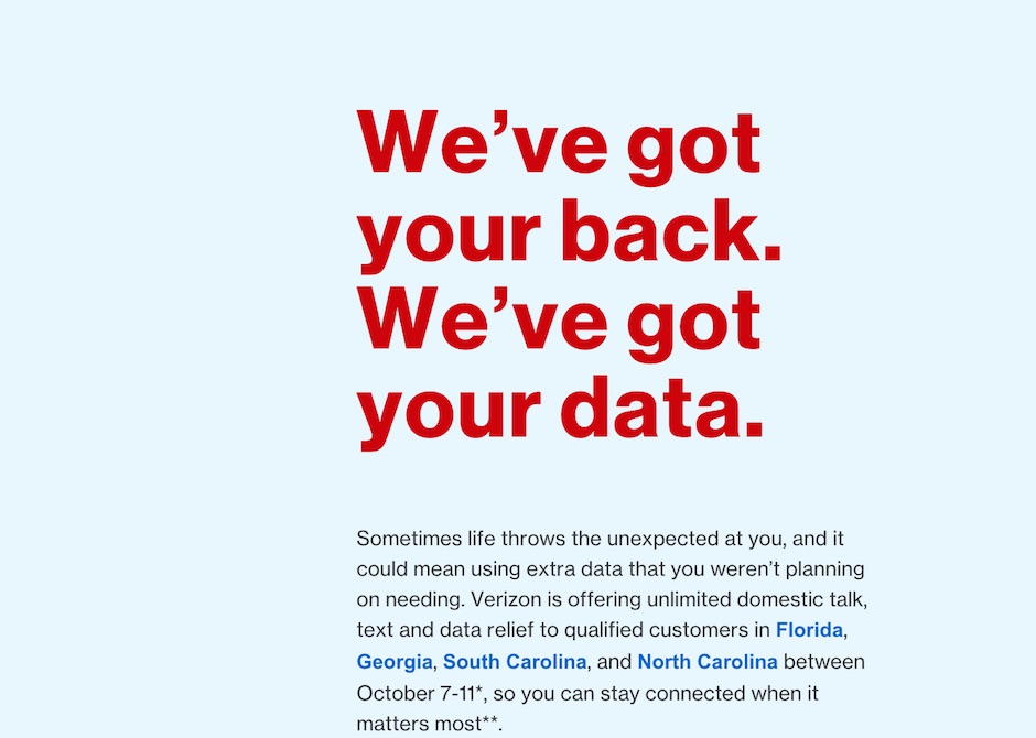 The message posted on the Verizon website