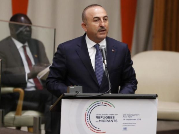 Foreign Minister Mevlut Cavusoglu of Turkey speaks during a high-level meeting on addressing large movements of refugees and migrants at the United Nations General Assembly in Manhattan New York