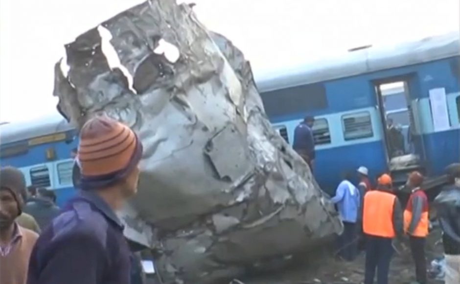 A view of a derailed train in Kanpur. Source ANI  via Reuters TV