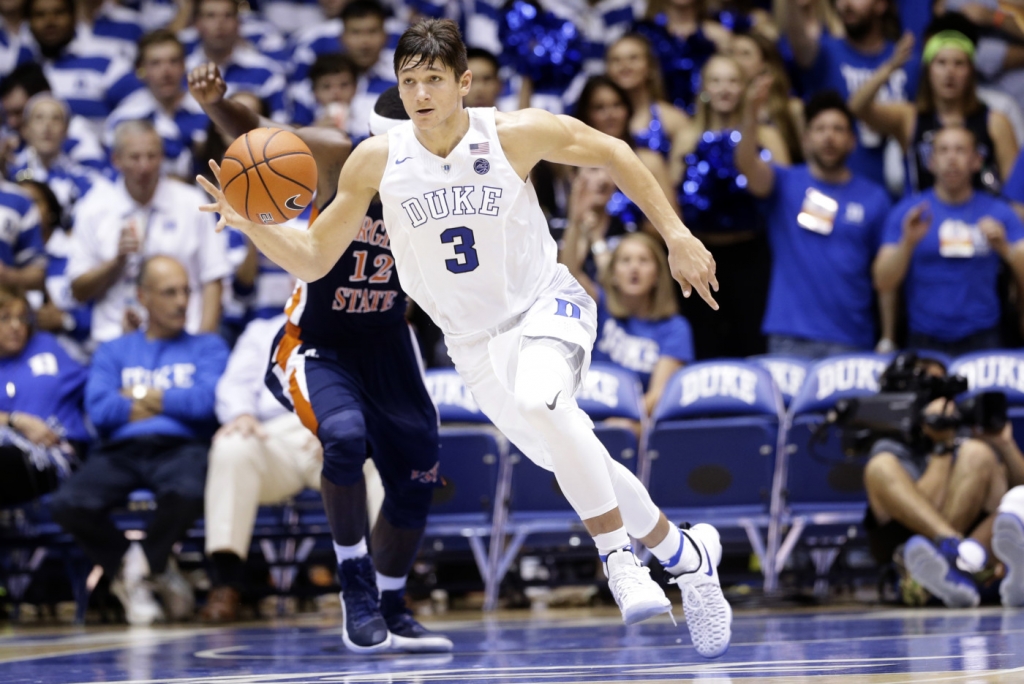 Duke's Grayson Allen dribbles against Virginia State during the second half of an exhibition NCAA college basketball game in Durham N.C. Friday Oct. 28 2016. Duke won 90-59