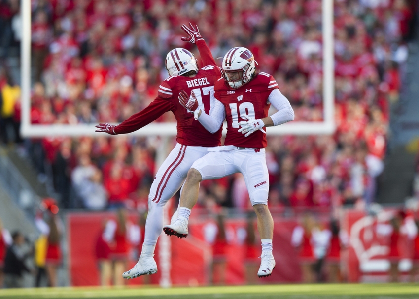 Nov 12 2016 Madison WI USA Wisconsin Badgers linebacker Vince Biegel and safety Leo Musso celebrate a turnover during the first quarter against the Illinois Fighting Illini at Camp Randall Stadium. Mandatory Credit Jeff Hanisch-USA TODAY S