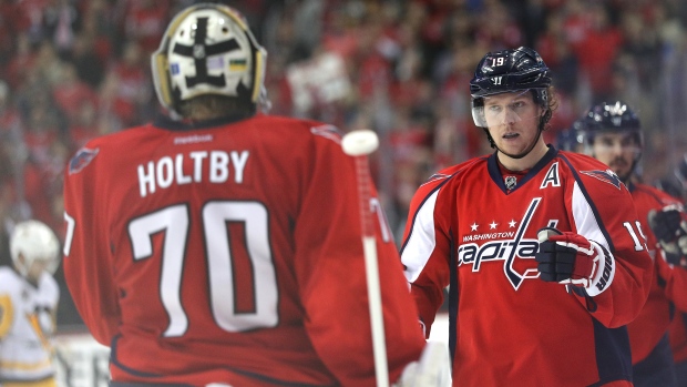 Nicklas Backstrom right celebrates his first of two goals during the Capitals&#39 7-1 win over the Pittsburgh Penguins at the Verizon Center in Washington D.C. on Wednesday