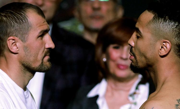 Boxers Sergey Kovalev and Andre Ward face off during their weigh in at the MGM Grand in Las Vegas