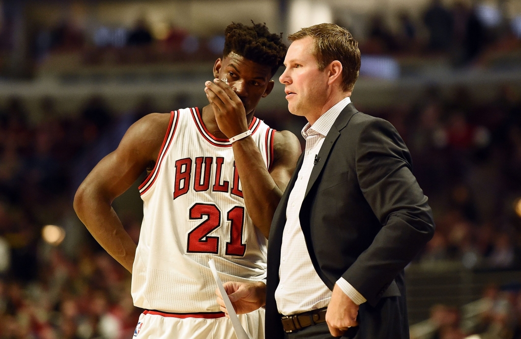 Bulls wing Jimmy Butler left and coach Fred Hoiberg