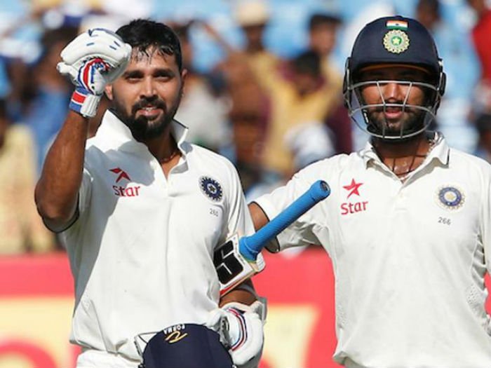 Cheteshwar Pujara and Murali Vijay at Rajkot test day 3