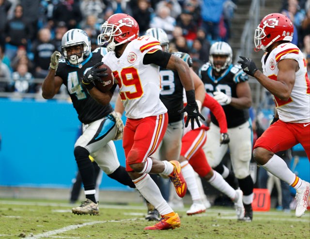 Kansas City Chiefs Eric Berry returns an interception for a touchdown against the Carolina Panthers in the second half of an NFL football game in Charlotte N.C. Sunday Nov. 13 2016