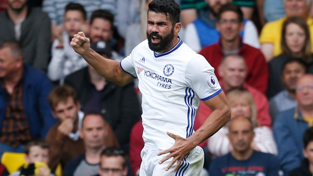 Chelsea's Brazilian-born Spanish striker Diego Costa celebrates scoring their second goal during the English Premier League football match between Watford and Chelsea at Vicarage Road Stadium in Watford north of London