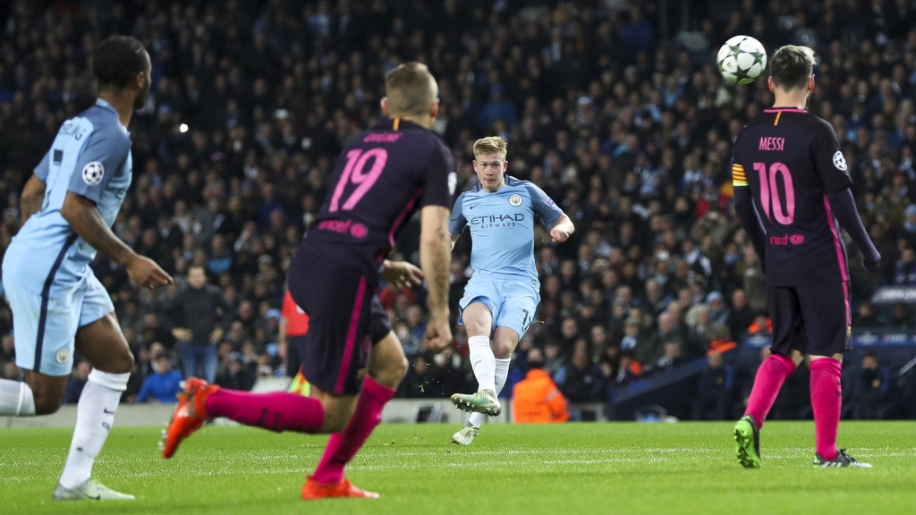 De Bruyne’s thumping free kick shortly after half-time puts City in front at the Etihad Stadium Times