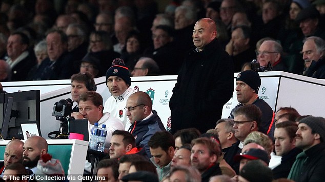 Eddie Jones watches from the stands during England's 27-14 win over Argentina