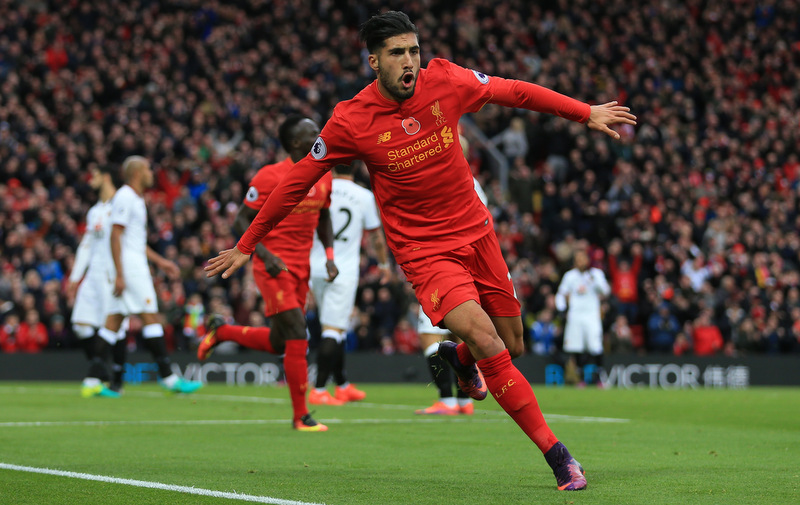 6th November 2016- Premier League- Liverpool v Watford- Emre Can of Liverpool celebrates after scoring their 3rd goal