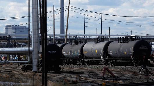 Railroad tanker cars sit parked on the grounds of the Sunoco Logistics Marcus Hook Industrial Complex ethane terminal in Marcus Hook Pennsylvania U.S. on Friday